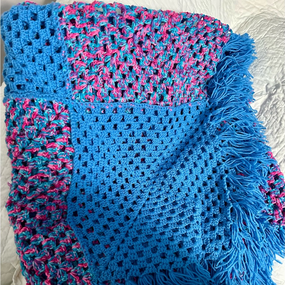 Colorful Crochet Blanket with Fringe